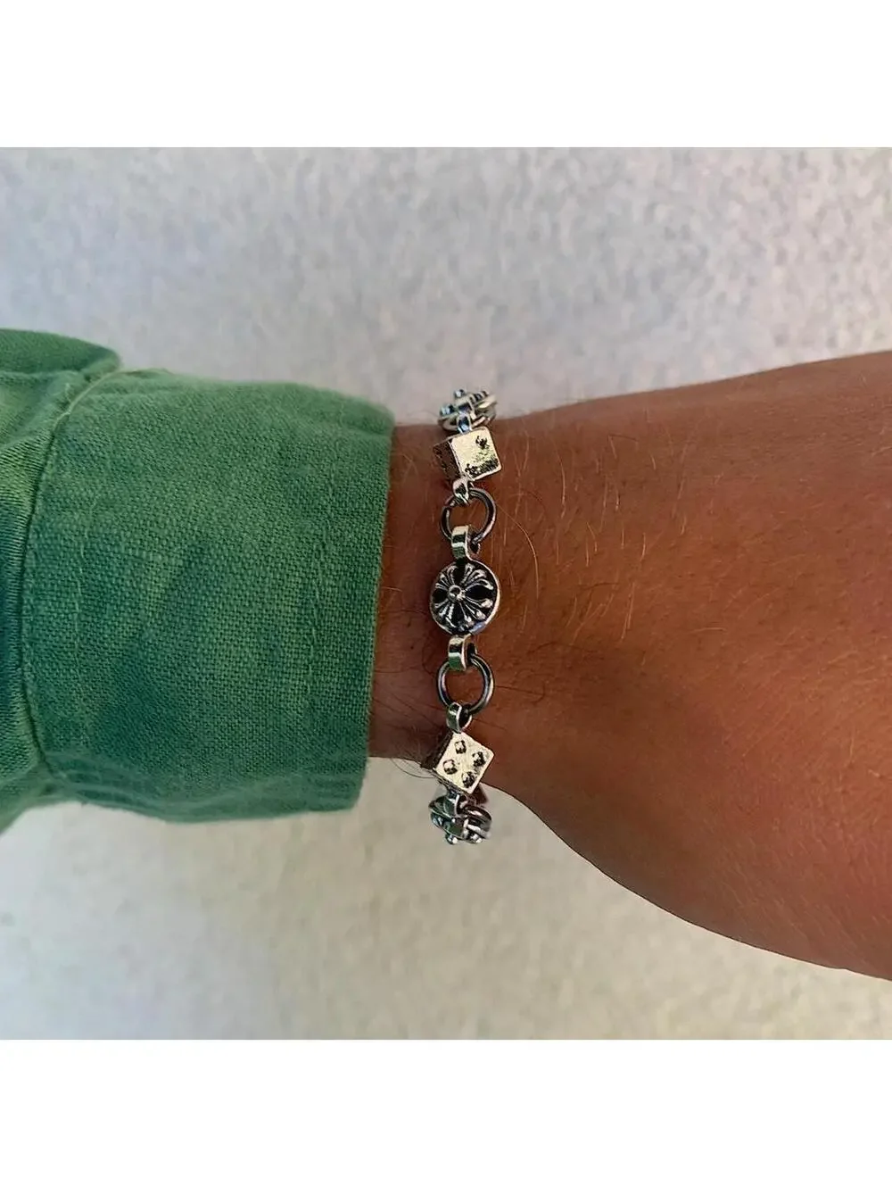 Y2k style grunge dice and gothic cross pendant silver punk bracelet. Comes new